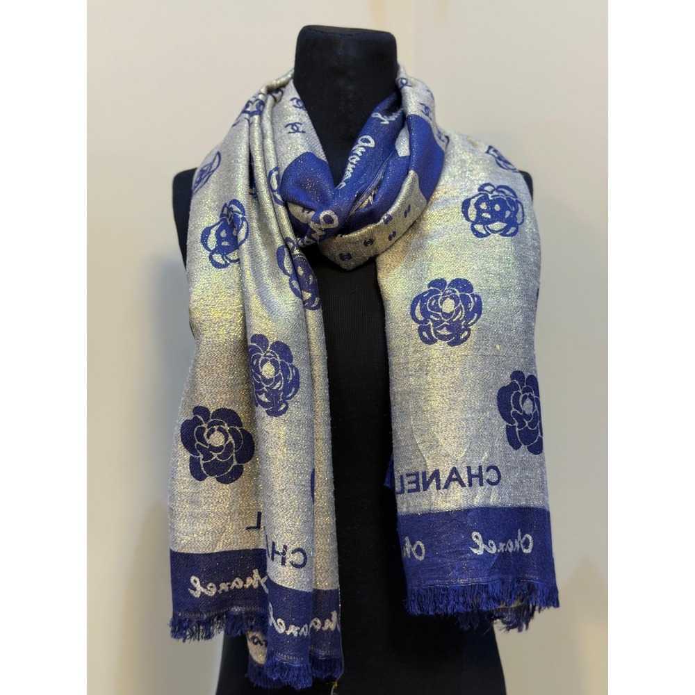 Chanel Cashmere Silk Metallic Scarf Gold Blue Camellia CC Logo Wrap France
